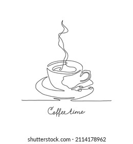 Continuous cup of coffee outline minimalistic vector illustration on white background. Coffee time outline.