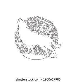 Continuous curve one line drawing of predatory wolf abstract art in circle. Single line editable stroke vector illustration of wolf is a wild canine for logo, wall decor, boho printable art