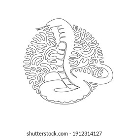 Continuous curve one line drawing of standing cobra abstract art in circle. Single line editable stroke vector illustration of king cobra most venomous snakes for logo, wall decor, boho poster