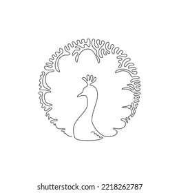 Continuous curve one line drawing of awesome huge tail abstract art in circle. Single line editable stroke vector illustration of adorable bird for logo, wall decor and poster print decoration