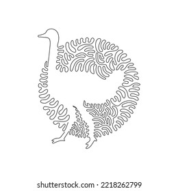 Continuous curve one line drawing of standing ostrich abstract art in circle. Single line editable stroke vector illustration of elegant big birds for logo, wall decor and poster print decoration