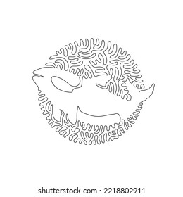 Continuous curve one line drawing of dangerous orca abstract art in circle. Single line editable stroke vector illustration of marine mammal for logo, wall decor and poster print decoration