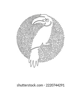 Continuous curve one line drawing of exotic long tails abstract art in circle. Single line editable stroke vector illustration of beautiful curved-bill bird for logo, wall decor and poster print decor