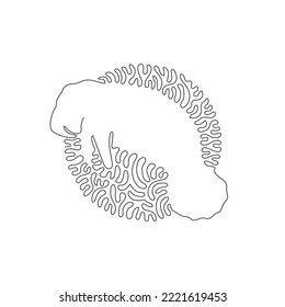 Continuous curve one line drawing of cute manatee abstract art in circle. Single line editable stroke vector illustration of herbivorous marine mammals for logo, wall decor and poster print decoration