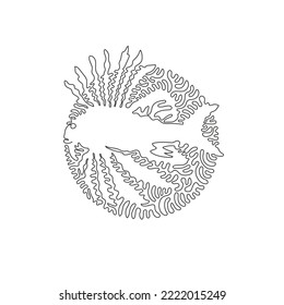 Continuous curve one line drawing of dangerous lionfish abstract art in circle. Single line editable stroke vector illustration of lionfish fin poison for logo, wall decor and poster print decoration