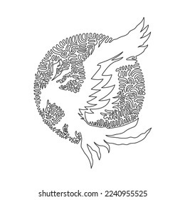 Continuous curve one line drawing of flying phoenix abstract art in circle. Single line editable stroke vector illustration of huge mysterious bird for logo, wall decor and poster print decoration