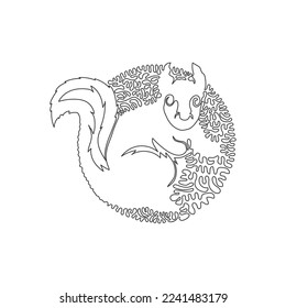 Continuous curve one line drawing of cute squirrel abstract art in circle. Single line editable stroke vector illustration of beautiful bushy tailed squirrel for logo, sign and poster wall decor