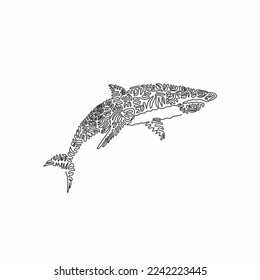 Continuous curve one line drawing of fierce shark, curve abstract art. Single line editable stroke vector illustration of dangerous sharks for logo, wall decor and poster print decoration