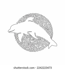Continuous curve one line drawing of adorable dolphin abstract art in circle. Single line editable stroke vector illustration of marine mammals for logo, wall decor and poster print decoration