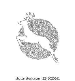 Continuous curve one line drawing of running deer abstract art in circle. Single line editable stroke vector illustration of herbivores mammal for logo, wall decor and poster print decoration