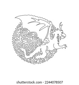 Continuous curve one line drawing of mythological creatures, abstract art in circle. Single line editable stroke vector illustration of fearsome winged dragon for logo, syimbol, poster print decor
