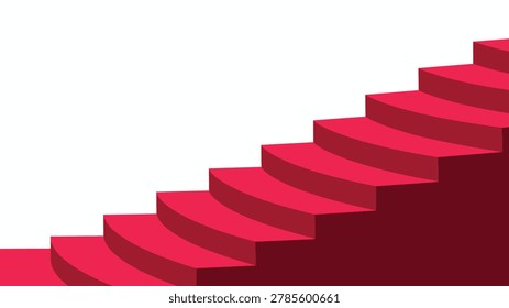 A continuous curved staircase with vibrant deep crimson steps ascends diagonally across the frame against a stark white background in a clean minimalist composition.