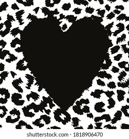 continuous design with a black heart on an animal print background. Textile design in black leopard print.