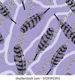 Continuous design of feathers, ropes and chains on purple background. Pattern seamless for textile industry.
