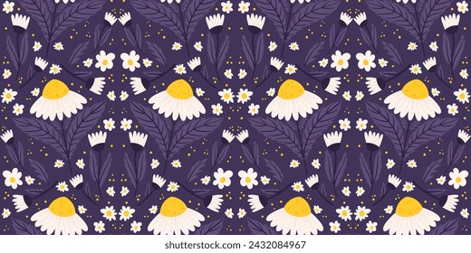 Continuous design featuring a daisy motif in midnight purple hue. Repeated surface pattern of chamomile on a backdrop of lavender.