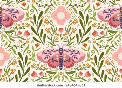 Continuous design featuring a whimsical moth, flowers, and leaves. Delicate folk-style Scandi pattern suitable for printing on fabric, wrapping paper, and other applications.