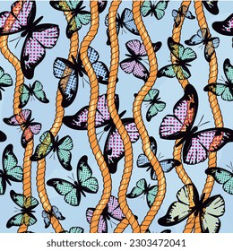 continuous design with ropes and butterflies. Pattern seamless for textile industry.