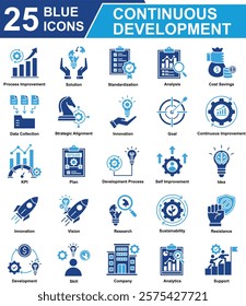 Continuous Development Icon Set Collection. Containing Process Improvement, Solution, target, Data Collection, Innovation, Goal, KPI, Development, Analytics, support. Simple Blue Vector Illustration.