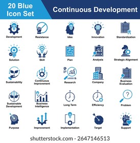 Continuous Development Icon Set Collection. Containing Development, Resistance, Idea, Innovation, Standardization, Solution, Skill, Plan, Analysis, Sustainability. Simple Blue Vector Illustration.
