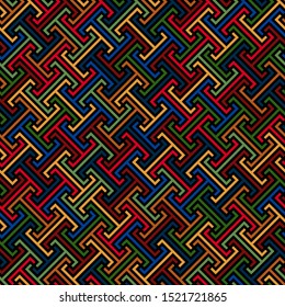 continuous diagonal stylized meander. greek fret repeated motif. vector seamless pattern. simple green orange yellow red blue repetitive background.  textile paint. fabric swatch. wrapping paper