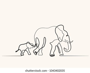 Continuous different wide line drawing. Elephant mom with baby walking symbol. Logo of the elephant. Vector illustration Continuous different wide line drawing. Elephant mom with baby walking symbol. Logo of the elephant. Vector illustration