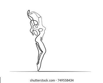 Continuous different width line drawing of dancing woman. Vector illustration