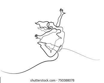 Continuous Different Width Line Drawing. Happy Jumping Woman. Vector Illustration