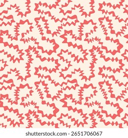 Continuous distorted line funky groovy abstract seamless repeat pattern. Unusual trendy modern psychedelic maze background. Uneven hand drawn deformed zigzag spiky doodle endless wavy red stripe.