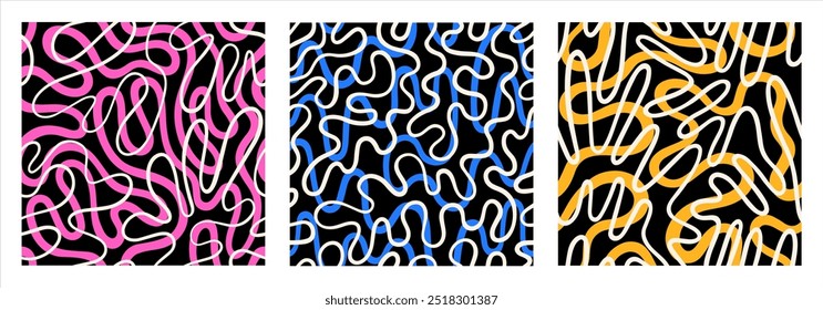 Conjunto de patrones de Vector de repetición sin costuras de doble línea orgánica de doodle continuo. Fluido, funky adorno caótico, colección de fondos groovy de moda. Serpenteante ondulación desigual dibujado a mano línea ondulada sin fin.