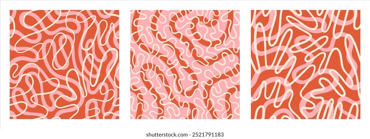 Conjunto de patrones de Vector de repetición sin costuras de doble línea orgánica de doodle continuo. Fluido, funky adorno caótico, colección de fondos infinitos groovy de moda. Winding wriggling desigual dibujado a mano línea ondulada.