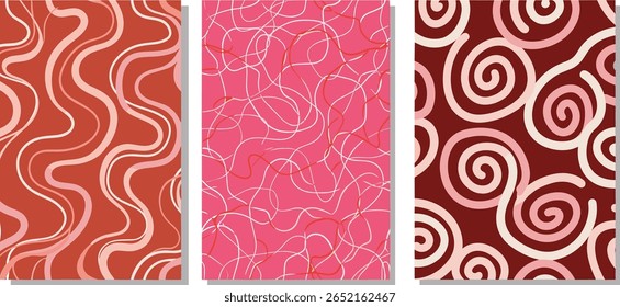 Continuous doodle double organic line seamless repeat vector patterns set. Fluid, funky chaotic ornament, trendy groovy endless backgrounds collection.