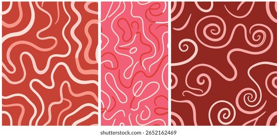Continuous doodle double organic line seamless repeat vector patterns set. Fluid, funky chaotic ornament, trendy groovy endless backgrounds collection.