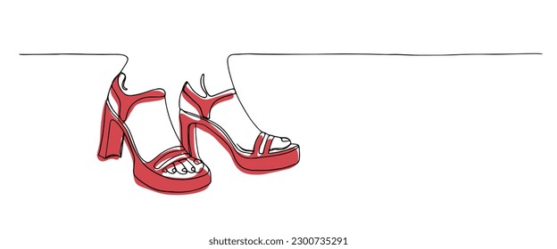 Continuous draw one line women shoes icon  Lady high heel sandals outline  Fashion shoe design  Elegant women's shoe and colored flat background  Vector illustration and single line drawing