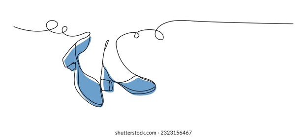 Dibujar continuamente una línea mujeres zapatos icono. El contorno de los zapatos de las bombas de dama. Diseño de zapatos de moda. Elegante tacones altos para mujeres con fondo plano de color. Ilustración del vector con dibujo de línea única