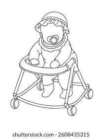 Continuous Drawing Baby In Walker. An unbroken line illustrates a baby wearing a bonnet and diaper, sitting and using a baby walker.