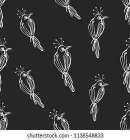 Continuous drawing black and white sketch one line little tropic bird pattern. Vector seamless background on black backdrop. White hand drawn graphic illustration.