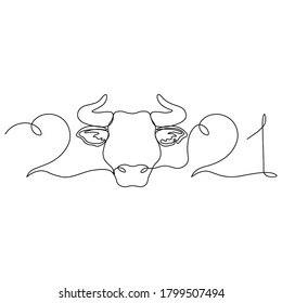 Continuous drawing of a bull symbol of 2021. Postcard in one line. holiday element for losses, calendars. vector illustration