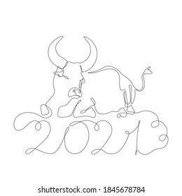 Continuous drawing of a bull symbol of 2021. Postcard in one line. holiday element for losses, calendars. vector illustration