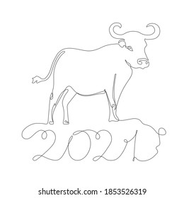 Continuous drawing of a bull symbol of 2021. Postcard in one line. holiday element for losses, calendars. vector illustration	