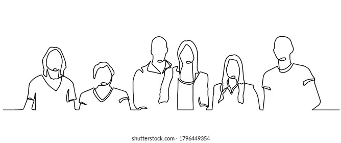 dibujo continuo de un equipo de negocios que se mantiene unido. dibujo continuo de una multitud diversa de personas de pie. Un grupo de personas sigue dibujando un vector de línea. Familia, amigos dibujados a mano.