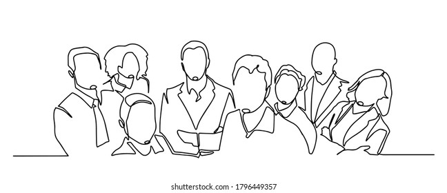 continuous drawing of a business team standing together. continuous line drawing of a diverse crowd of standing people. Group of people continuous one line vector drawing. Family, friends hand drawn.