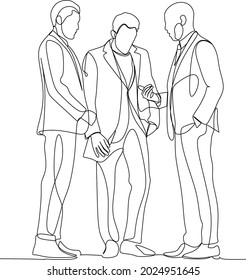 dibujo continuo de un equipo de negocios caminando juntos discutiendo el trabajo