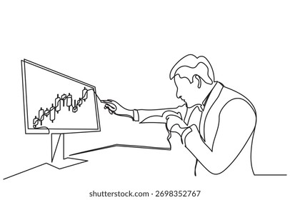 Desenho contínuo de um empresário apontando para um monitor de computador exibindo um gráfico de castiçal financeiro. Conceito de um comerciante analisando dados do mercado de ações, forex e investimento. Ilustração vetorial