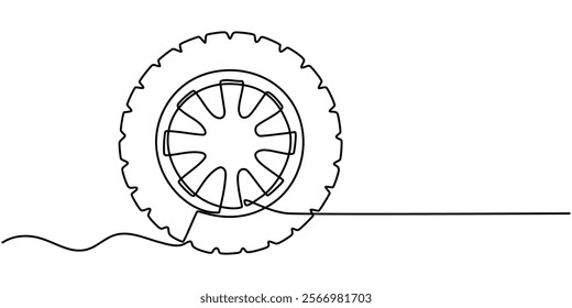 continuous drawing of a car tire in one line. vector, One continuous line illustration of a car wheel, isolated on white background. Line art of car wheel. Tire Hand Drawn Icon, Doodle Style Vector. 