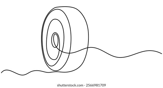 continuous drawing of a car tire in one line. vector, One continuous line illustration of a car wheel, isolated on white background. Line art of car wheel. Tire Hand Drawn Icon, Doodle Style Vector. 