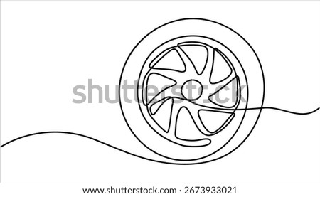continuous drawing of a car tire in one line. vector, One continuous line illustration of a car wheel, isolated on white background. Wheel continuous one line drawing. Automobile tire symbol.