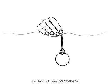 continuous drawing of a Christmas ball in a hand with one line. vector illustration
