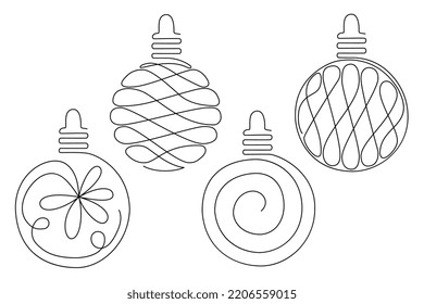 Continuous drawing of Christmas balls. A set of new balloons in the style of line art. Vector on a white background.