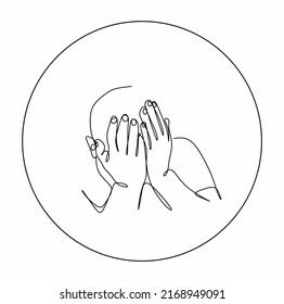 A continuous drawing of a circle and a silhouette of a person with his face covered with his hands.  Conceptual drawing of the vicious circle of the neurotic