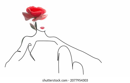 eine kontinuierliche Zeichnung einer weiblichen Silhouette mit einer voluminösen Blume im Boho-Stil. Vektorgrafik für Poster, Postkarten, T-Shirt-Druck, Logos, Banner, Notebooks
